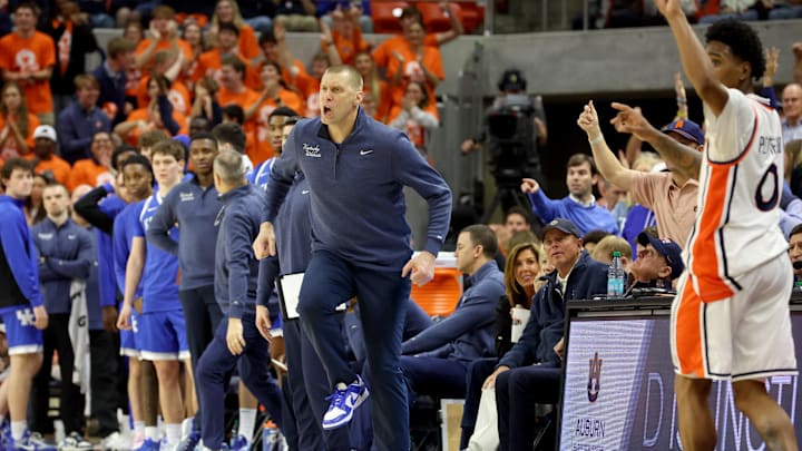 Feb 21, 2026; Auburn, Alabama, USA;  Kentucky Wildcats head coach Mark Pope reacts after his team was called for a foul during the second half against the Auburn Tigers at Neville Arena. Mandatory Credit: John Reed-Imagn Images
