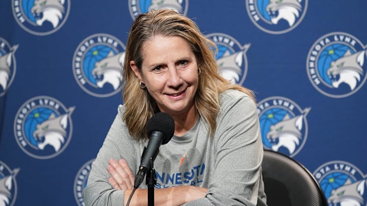 Sep 6, 2025; San Francisco, California, USA;  Minnesota Lynx head coach Cheryl Reeve addresses the media before the game against the Golden State Valkyries at Chase Center. Mandatory Credit: David Gonzales-Imagn Images