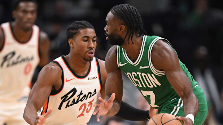 Dec 4, 2024; Boston, Massachusetts, USA; Boston Celtics guard Jaylen Brown (7) drives to the basket against Detroit Pistons guard Jaden Ivey (23) during the second quarter at the TD Garden. Mandatory Credit: Brian Fluharty-Imagn Images