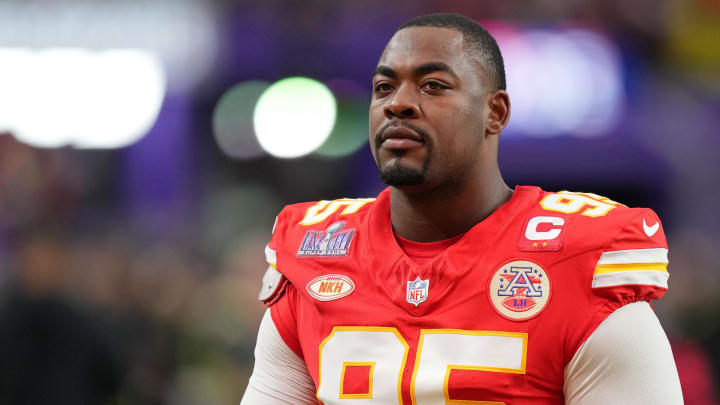 Feb 11, 2024; Paradise, Nevada, USA; Kansas City Chiefs defensive tackle Chris Jones (95) warms up before Super Bowl LVIII against the San Francisco 49ers at Allegiant Stadium. Mandatory Credit: Kirby Lee-USA TODAY Sports Feb 11, 2024; Paradise, Nevada, USA; Kansas City Chiefs defensive tackle Chris Jones (95) warms up before Super Bowl LVIII against the San Francisco 49ers at Allegiant Stadium. Mandatory Credit: Kirby Lee-USA TODAY Sports
