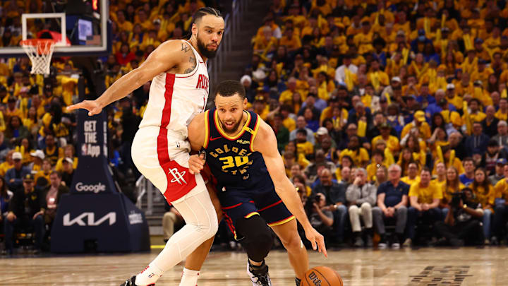 Apr 28, 2025; San Francisco, California, USA; Golden State Warriors guard Stephen Curry (30) drives in against Houston Rockets forward/guard Dillon Brooks (9) during the third quarter of game four of the 2025 NBA Playoffs first round at Chase Center. Mandatory Credit: Kelley L Cox-Imagn Images Apr 28, 2025; San Francisco, California, USA; Golden State Warriors guard Stephen Curry (30) drives in against Houston Rockets forward/guard Dillon Brooks (9) during the third quarter of game four of the 2025 NBA Playoffs first round at Chase Center. Mandatory Credit: Kelley L Cox-Imagn Images