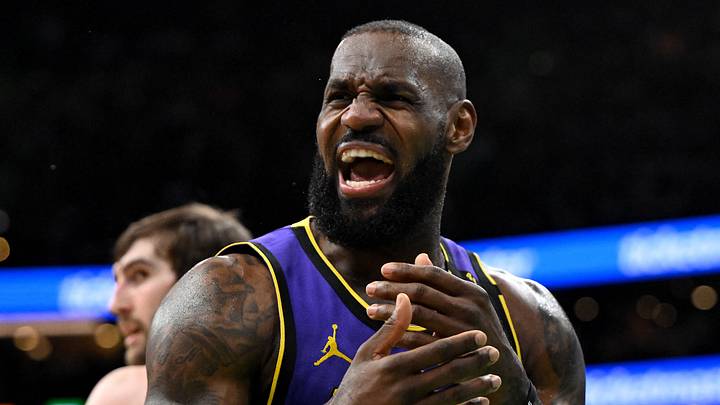 Los Angeles Lakers forward LeBron James (23) reacts after a non-call against the Boston Celtics during the second quarter at the TD Garden. Los Angeles Lakers forward LeBron James (23) reacts after a non-call against the Boston Celtics during the second quarter at the TD Garden.