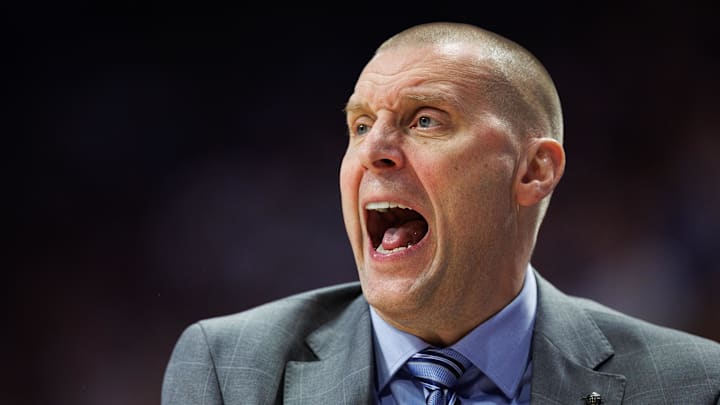Feb 28, 2026; Lexington, Kentucky, USA; Kentucky Wildcats head coach Mark Pope yells to his players during the first half against the Vanderbilt Commodores at Rupp Arena at Central Bank Center. Mandatory Credit: Jordan Prather-Imagn Images