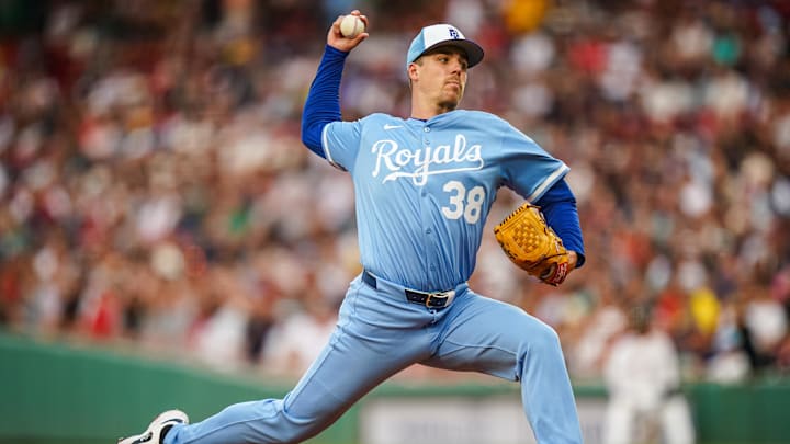 Aug 5, 2025; Boston, Massachusetts, USA; Kansas City Royals pitcher Ryan Bergert (38) throws a pitch against the Boston Red Sox in the first inning at Fenway Park. Mandatory Credit: David Butler II-Imagn Images