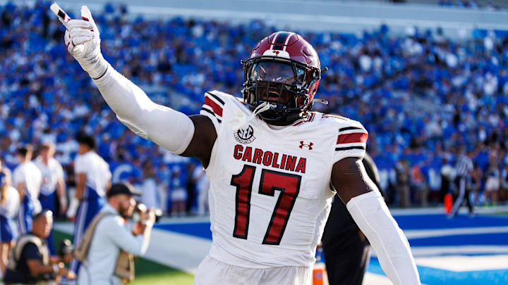Sep 7, 2024; Lexington, Kentucky, USA; South Carolina Gamecocks linebacker Demetrius Knight Jr. (17) celebrates after a touchdown during the fourth quarter against the Kentucky Wildcats at Kroger Field. Mandatory Credit: Jordan Prather-Imagn Images