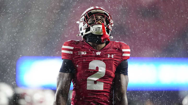 Nov 8, 2025; Madison, Wisconsin, USA;  Wisconsin Badgers cornerback Ricardo Halllman (2) celebrates following a play during the fourth quarter against the Washington Huskies at Camp Randall Stadium. Mandatory Credit: Jeff Hanisch-Imagn Images