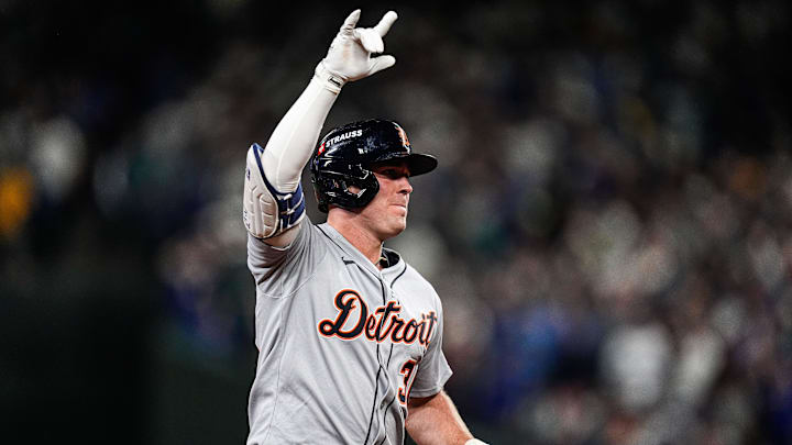 Kerry Carpenter celebrates after hitting a go-ahead two-run home run against the Seattle Mariners. Kerry Carpenter celebrates after hitting a go-ahead two-run home run against the Seattle Mariners.