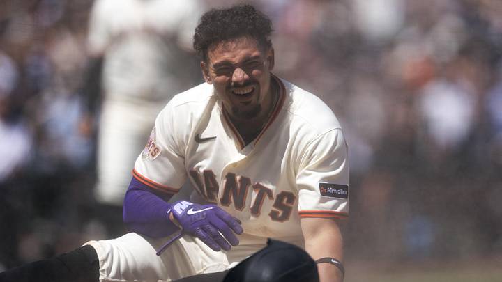 May 27, 2026; San Francisco, California, USA; San Francisco Giants shortstop Willy Adames (2) reacts to being thrown out at the plate against the Arizona Diamondbacks during the eighth inning at Oracle Park. Mandatory Credit: D. Ross Cameron-Imagn Images