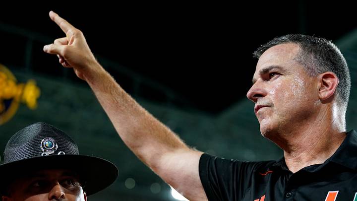 Oct 21, 2023; Miami Gardens, Florida, USA; Miami Hurricanes head coach Mario Cristobal celebrates after defeating the Clemson Tigers at Hard Rock Stadium. Mandatory Credit: Rich Storry-USA TODAY Sports