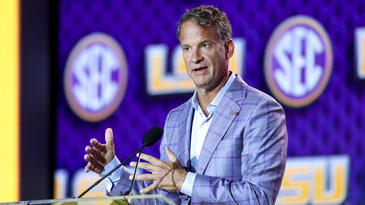 LSU Tigers head coach Lane Kiffin speaks to the press during SEC Football Kickoff Media Day at the Tampa Marriott.