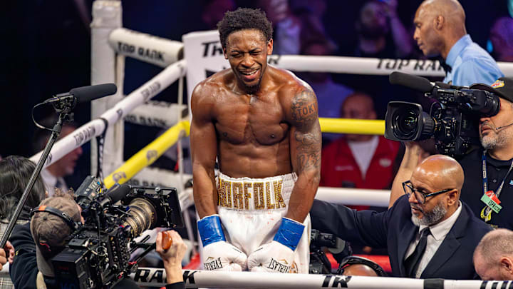 Keyshawn Davis celebrates after defeating Denys Berinchyk to win the WBO lightweight title on Feb. 14, 2025 at The Theater at Madison Square Garden.