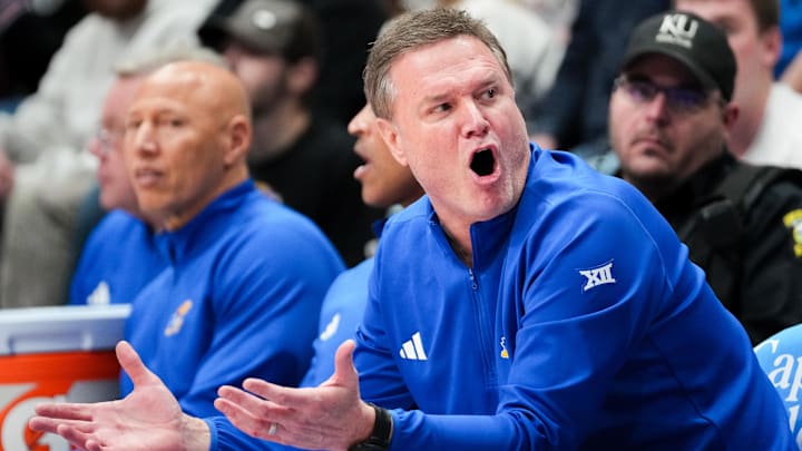 Feb 22, 2025; Lawrence, Kansas, USA; Kansas Jayhawks head coach Bill Self reacts to play against the Oklahoma State Cowboys during the second half at Allen Fieldhouse. Mandatory Credit: Denny Medley-Imagn Images