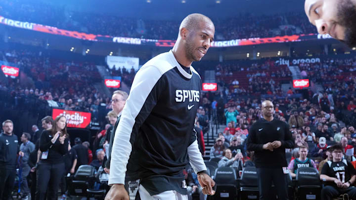 Apr 6, 2025; Portland, Oregon, USA; San Antonio Spurs point guard Chris Paul (3) is introduced before the game against the Portland Trail Blazers at Moda Center. Mandatory Credit: Soobum Im-Imagn Images Apr 6, 2025; Portland, Oregon, USA; San Antonio Spurs point guard Chris Paul (3) is introduced before the game against the Portland Trail Blazers at Moda Center. Mandatory Credit: Soobum Im-Imagn Images