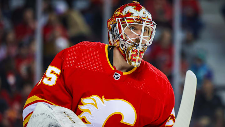 Calgary Flames goaltender Jacob Markstrom (25) during the first period. 