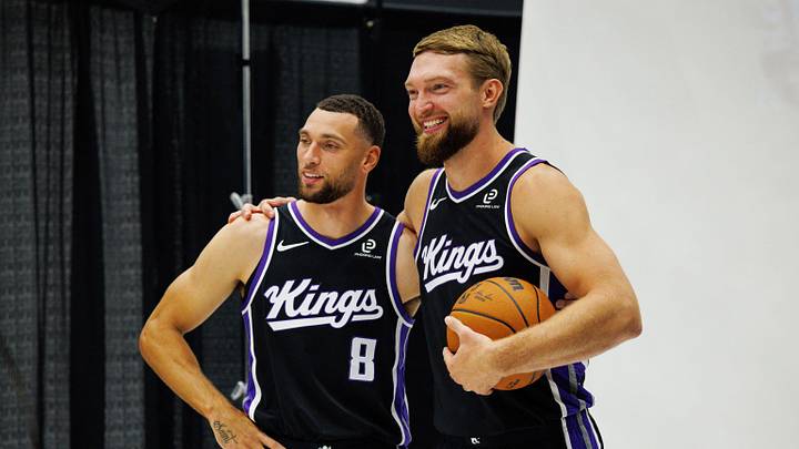 Sep 29, 2025; Sacramento, CA, USA; Sacramento Kings guard Zach LaVine (8) and forward Domantas Sabonis (11) pose for a photo during media day at Golden 1 Center. Sep 29, 2025; Sacramento, CA, USA; Sacramento Kings guard Zach LaVine (8) and forward Domantas Sabonis (11) pose for a photo during media day at Golden 1 Center.