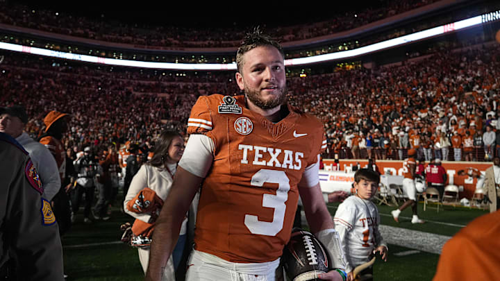 Dec 21, 2024; Austin, Texas, USA; Texas Longhorns quarterback Quinn Ewers (3) leaves the field after defeating the Clemson Tigers in the first round of the College Football Playoffs at Darrell K Royal-Texas Memorial Stadium. Mandatory Credit: Aaron E. Martinez/USA Today Network via Imagn Images Dec 21, 2024; Austin, Texas, USA; Texas Longhorns quarterback Quinn Ewers (3) leaves the field after defeating the Clemson Tigers in the first round of the College Football Playoffs at Darrell K Royal-Texas Memorial Stadium. Mandatory Credit: Aaron E. Martinez/USA Today Network via Imagn Images