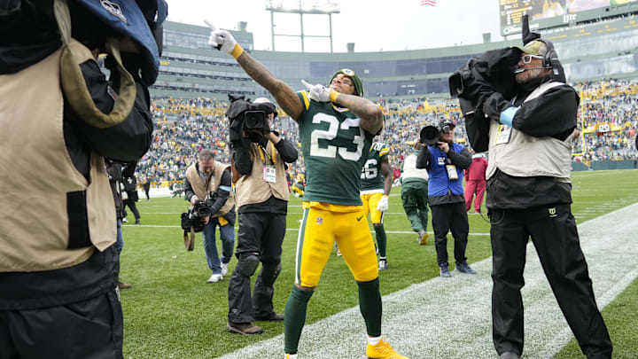 Green Bay Packers cornerback Jaire Alexander celebrates following the game against the Arizona Cardinals.