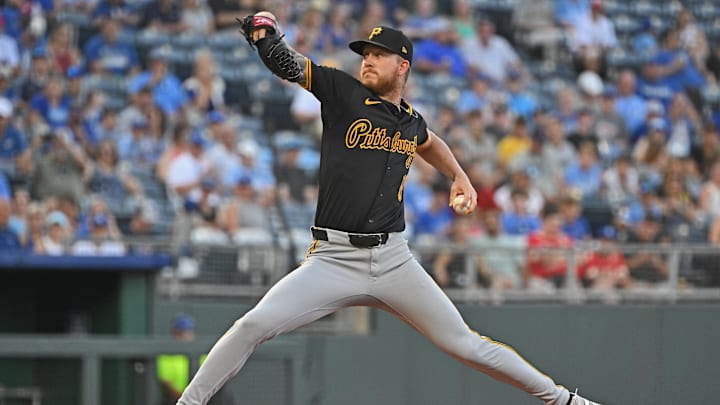 Jul 9, 2025; Kansas City, Missouri, USA;  Pittsburgh Pirates starting pitcher Bailey Falter (6) throws a pitch in the first inning against the Kansas City Royals at Kauffman Stadium. Mandatory Credit: Peter Aiken-Imagn Images
