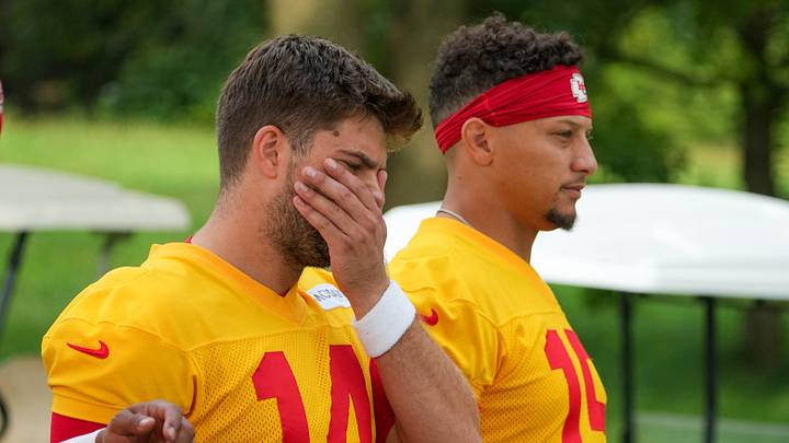 Jul 29, 2026; St. Joseph, MO, USA; Kansas City Chiefs quarterbacks Garrett Nussmeier (14) and Patrick Mahomes (15) walk down the hill to the fields prior to training camp at Missouri Western State University. Mandatory Credit: Denny Medley-Imagn Images Jul 29, 2026; St. Joseph, MO, USA; Kansas City Chiefs quarterbacks Garrett Nussmeier (14) and Patrick Mahomes (15) walk down the hill to the fields prior to training camp at Missouri Western State University. Mandatory Credit: Denny Medley-Imagn Images