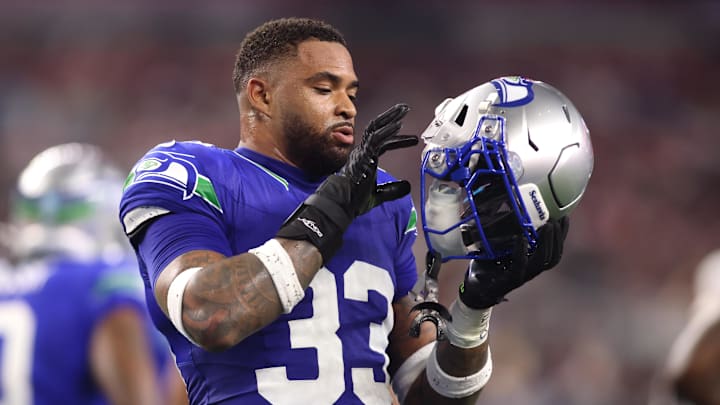 Nov 30, 2023; Arlington, Texas, USA; Seattle Seahawks safety Jamal Adams (33) during the first half against the Dallas Cowboys at AT&T Stadium. Mandatory Credit: Tim Heitman-USA TODAY Sports