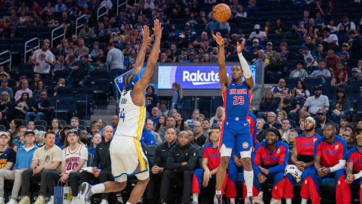 Oct 13, 2024; San Francisco, California, USA;  Detroit Pistons guard Jaden Ivey (23) shoots: Neville E. Guard-Imagn Images