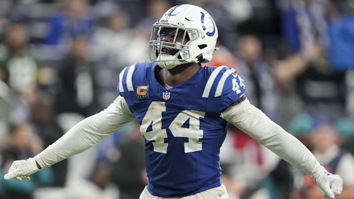 Jan 5, 2025; Indianapolis, Indiana, USA; Indianapolis Colts linebacker Zaire Franklin (44) reacts after sacking Jacksonville Jaguars quarterback Mac Jones (10) in overtime during a game at Lucas Oil Stadium. Jan 5, 2025; Indianapolis, Indiana, USA; Indianapolis Colts linebacker Zaire Franklin (44) reacts after sacking Jacksonville Jaguars quarterback Mac Jones (10) in overtime during a game at Lucas Oil Stadium.