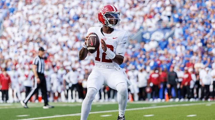Sep 12, 2026; Lexington, Kentucky, USA; Alabama Crimson Tide quarterback Keelon Russell (12) looks to throw a pass during the second quarter against the Kentucky Wildcats at Kroger Field. Mandatory Credit: Jordan Prather-Imagn Images Sep 12, 2026; Lexington, Kentucky, USA; Alabama Crimson Tide quarterback Keelon Russell (12) looks to throw a pass during the second quarter against the Kentucky Wildcats at Kroger Field. Mandatory Credit: Jordan Prather-Imagn Images
