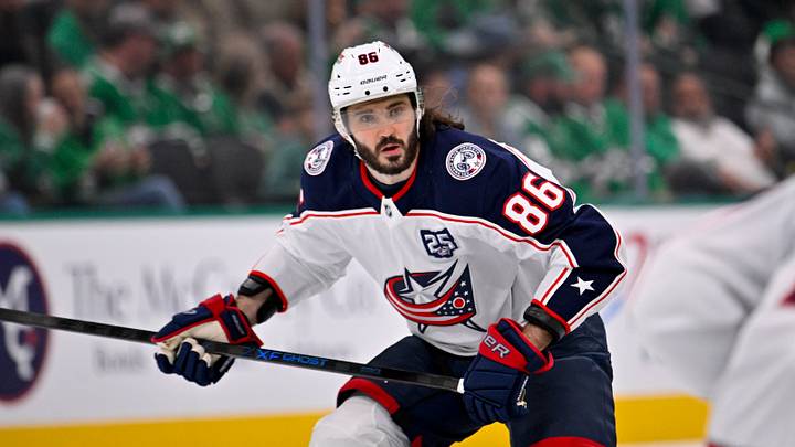 Oct 21, 2025; Dallas, Texas, USA; Columbus Blue Jackets right wing Kirill Marchenko (86) skates in the Dallas Stars zone during the game between the Stars and the Blue Jackets at the American Airlines Center. Mandatory Credit: Jerome Miron-Imagn Images