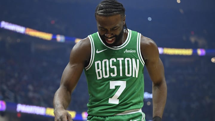 Feb 4, 2025; Cleveland, Ohio, USA; Boston Celtics guard Jaylen Brown (7) reacts in the first quarter against the Cleveland Cavaliers at Rocket Mortgage FieldHouse. Mandatory Credit: David Richard-Imagn Images Feb 4, 2025; Cleveland, Ohio, USA; Boston Celtics guard Jaylen Brown (7) reacts in the first quarter against the Cleveland Cavaliers at Rocket Mortgage FieldHouse. Mandatory Credit: David Richard-Imagn Images