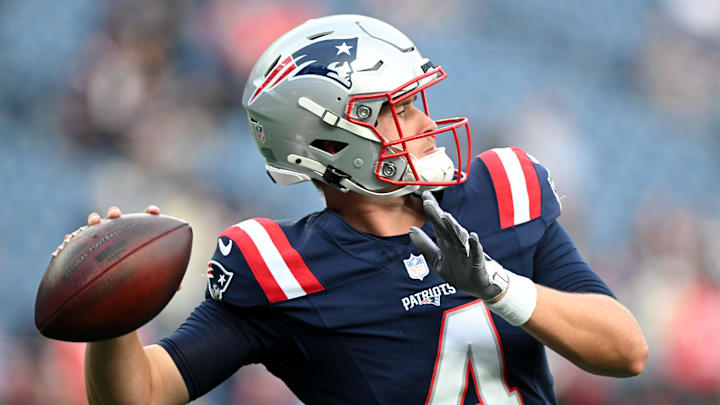 Aug 15, 2024; Foxborough, Massachusetts, USA; New England Patriots quarterback Bailey Zappe (4) throws the ball before a game against the Philadelphia Eagles at Gillette Stadium. Mandatory Credit: Brian Fluharty-Imagn Images