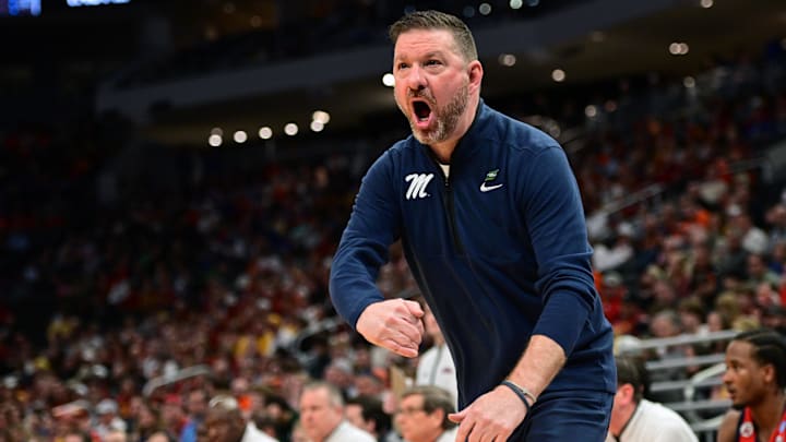 Mar 23, 2025; Milwaukee, WI, USA;  Mississippi Rebels head coach Chris Beard reacts during the first half in the second round of the NCAA Tournament against the Iowa State Cyclones at Fiserv Forum. Mandatory Credit: Benny Sieu-Imagn Images