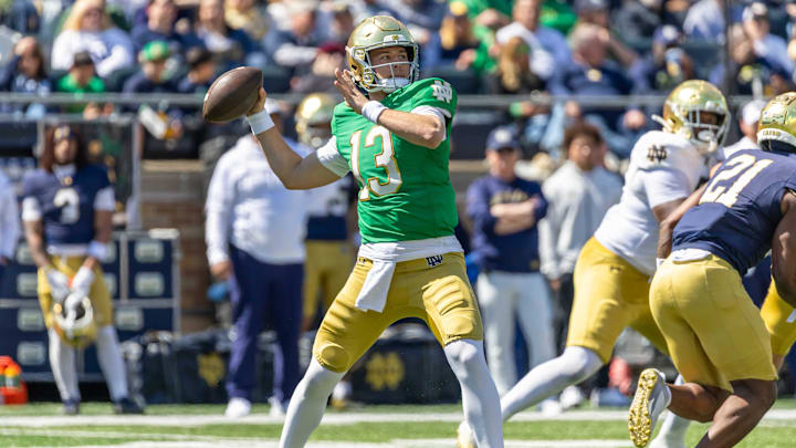 Apr 12, 2025; Notre Dame, IN, USA; Notre Dame Fighting Irish quarterback CJ Carr (13) throws a pass during the Blue-Gold game at Notre Dame Stadium. Mandatory Credit: Michael Caterina-Imagn Images Apr 12, 2025; Notre Dame, IN, USA; Notre Dame Fighting Irish quarterback CJ Carr (13) throws a pass during the Blue-Gold game at Notre Dame Stadium. Mandatory Credit: Michael Caterina-Imagn Images
