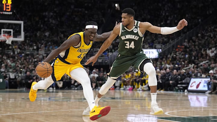 Apr 25, 2025; Milwaukee, Wisconsin, USA; Indiana Pacers forward Pascal Siakam (43) against Milwaukee Bucks forward Giannis Antetokounmpo (34) in the first half during game three of first round for the 2024 NBA Playoffs at Fiserv Forum. Mandatory Credit: Michael McLoone-Imagn Images