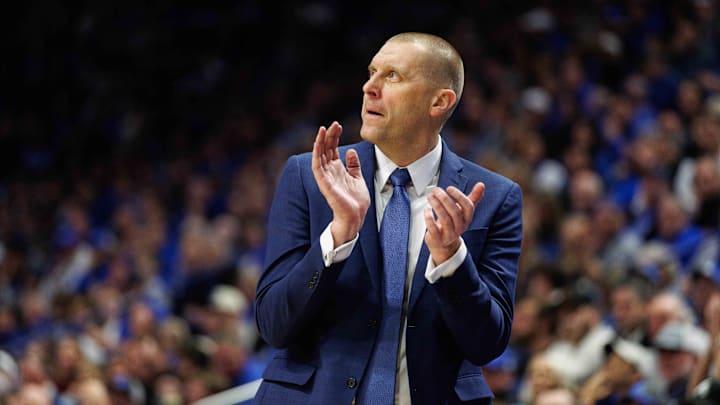 Jan 14, 2025; Lexington, Kentucky, USA; Kentucky Wildcats head coach Mark Pope reacts to the action during the second half against the Texas A&M Aggies at Rupp Arena at Central Bank Center. Mandatory Credit: Jordan Prather-Imagn Images
