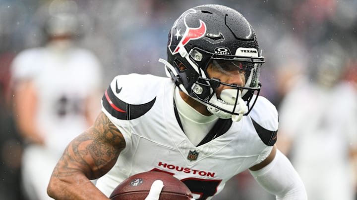 Jan 18, 2026; Foxborough, MA, USA; Houston Texans wide receiver Christian Kirk (13) warms up before an AFC Divisional Round game against the New England Patriots at Gillette Stadium. Mandatory Credit: Brian Fluharty-Imagn Images