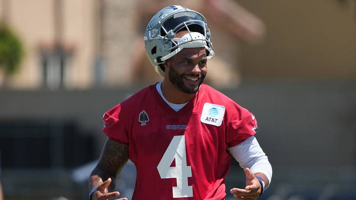 Aug 1, 2026; Oxnard, CA, USA; Dallas Cowboys quarterback Dak Prescott (4) at training camp at River Ridge Playing Fields. Mandatory Credit: Kirby Lee-Imagn Images Aug 1, 2026; Oxnard, CA, USA; Dallas Cowboys quarterback Dak Prescott (4) at training camp at River Ridge Playing Fields. Mandatory Credit: Kirby Lee-Imagn Images