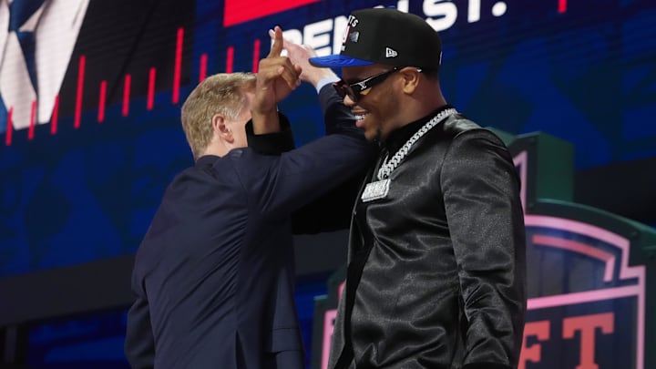 NFL commissioner Roger Goodell with Penn State Nittany Lions defensive end Abdul Carter after he is selected by the New York Giants in the 2025 NFL Draft. NFL commissioner Roger Goodell with Penn State Nittany Lions defensive end Abdul Carter after he is selected by the New York Giants in the 2025 NFL Draft.