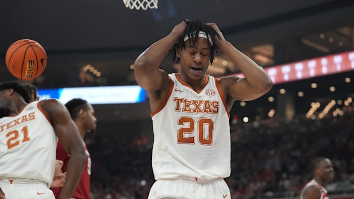 Feb 5, 2025; Austin, Texas, USA; Texas Longhorns guard Tre Johnson (20) reacts after missing a shot during the first half against the Arkansas Razorbacks at Moody Center. Mandatory Credit: Scott Wachter-Imagn Images