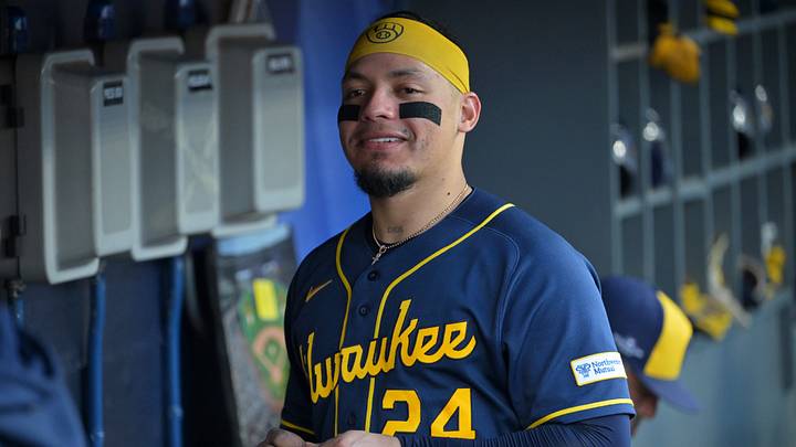 Oct 15, 2026; Los Angeles, California, USA; Milwaukee Brewers catcher William Contreras (24) smiles in the dugout before game four of the NLCS for the 2026 MLB Playoffs against the Los Angeles Dodgers at Uniqlo Field at Dodger Stadium. Mandatory Credit: Jayne Kamin-Oncea-Imagn Images Oct 15, 2026; Los Angeles, California, USA; Milwaukee Brewers catcher William Contreras (24) smiles in the dugout before game four of the NLCS for the 2026 MLB Playoffs against the Los Angeles Dodgers at Uniqlo Field at Dodger Stadium. Mandatory Credit: Jayne Kamin-Oncea-Imagn Images