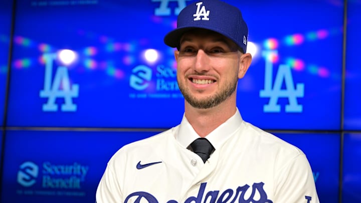 Jan 21, 2026; Los Angeles, CA, USA;  Los Angeles Dodgers right fielder Kyle Tucker (23) is introduced to the media during a news conference at Dodger Stadium. Mandatory Credit: Jayne Kamin-Oncea-Imagn Images