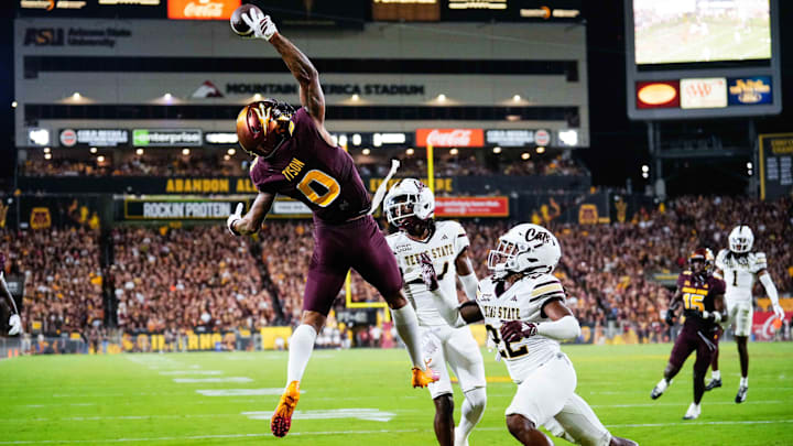 Sep 13, 2025; Tempe, Arizona, USA; Arizona State Sun Devils wide receiver Jordyn Tyson (0) attempted to make a one handed catch against Texas State Bobcats at Mountain America Stadium. Mandatory Credit: Arianna Grainey-Imagn Images Sep 13, 2025; Tempe, Arizona, USA; Arizona State Sun Devils wide receiver Jordyn Tyson (0) attempted to make a one handed catch against Texas State Bobcats at Mountain America Stadium. Mandatory Credit: Arianna Grainey-Imagn Images