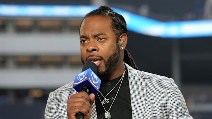 Oct 24, 2024; Inglewood, California, USA; Richard Sherman on the Thursday Night Football Tonight set  at SoFi Stadium. Mandatory Credit: Kirby Lee-Imagn Images