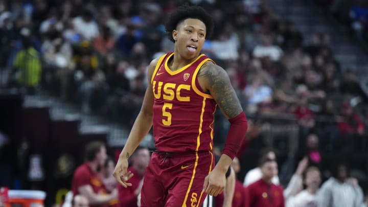 Mar 13, 2024; Las Vegas, NV, USA; Southern California Trojans guard Boogie Ellis (5) reacts after a three-point basket against the Washington Huskies at T-Mobile Arena. Mandatory Credit: Kirby Lee-USA TODAY Sports Mar 13, 2024; Las Vegas, NV, USA; Southern California Trojans guard Boogie Ellis (5) reacts after a three-point basket against the Washington Huskies at T-Mobile Arena. Mandatory Credit: Kirby Lee-USA TODAY Sports