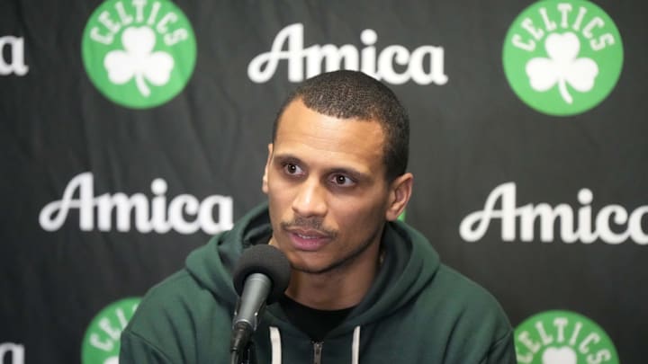 Jan 23, 2025; Los Angeles, California, USA; Boston Celtics coach Joe Mazzulla at a press conference at the Crypto.com Arena. Mandatory Credit: Kirby Lee-Imagn Images
