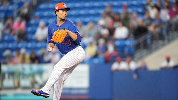 Mar 3, 2025; Port St. Lucie, Florida, USA; New York Mets pitcher Kodai Senga (34) pitches in the first inning against the Miami Marlins at Clover Park. Mandatory Credit: Jim Rassol-Imagn Images Mar 3, 2025; Port St. Lucie, Florida, USA; New York Mets pitcher Kodai Senga (34) pitches in the first inning against the Miami Marlins at Clover Park. Mandatory Credit: Jim Rassol-Imagn Images