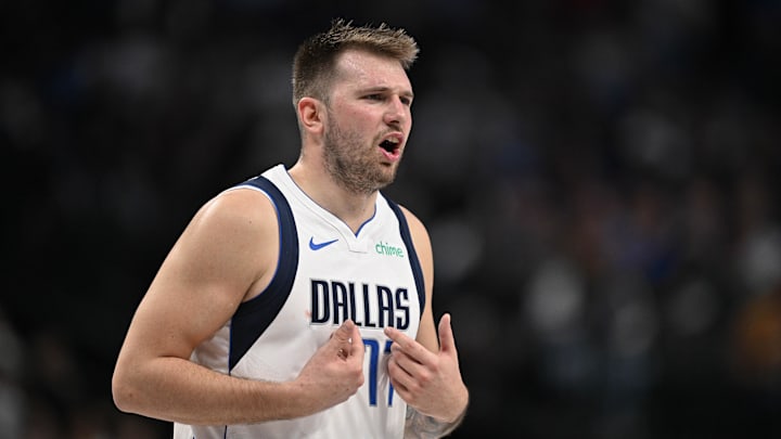 Nov 3, 2024; Dallas, Texas, USA; Dallas Mavericks guard Luka Doncic (77) reacts to receiving a technical foul during the second half against the Orlando Magic at the American Airlines Center. Mandatory Credit: Jerome Miron-Imagn Images Nov 3, 2024; Dallas, Texas, USA; Dallas Mavericks guard Luka Doncic (77) reacts to receiving a technical foul during the second half against the Orlando Magic at the American Airlines Center. Mandatory Credit: Jerome Miron-Imagn Images