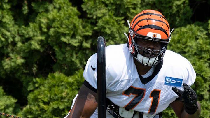 Bengals offensive tackle Andre Smith (71) performs a drill at the Cincinnati Bengals training camp on Wednesday July 31, 2019 at Paul Brown Stadium.

20190731 Trainingcamp0222