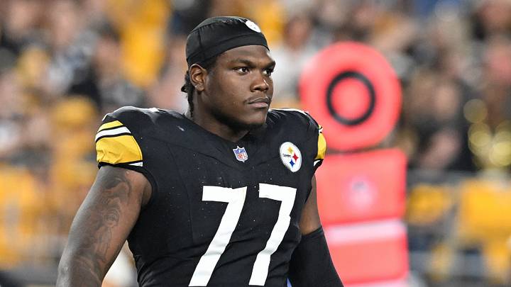 Aug 21, 2026; Pittsburgh, Pennsylvania, USA; Pittsburgh Steelers offensive tackle Broderick Jones (77) against the New York Jets during the fourth quarter at Acrisure Stadium. Mandatory Credit: Barry Reeger-Imagn Images Aug 21, 2026; Pittsburgh, Pennsylvania, USA; Pittsburgh Steelers offensive tackle Broderick Jones (77) against the New York Jets during the fourth quarter at Acrisure Stadium. Mandatory Credit: Barry Reeger-Imagn Images