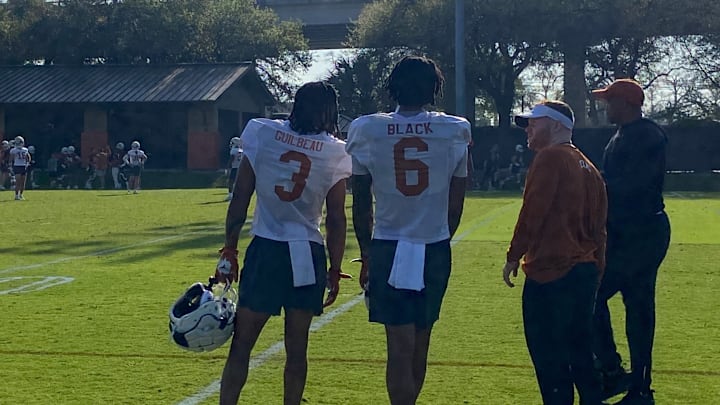 Texas Longhorns defensive backs Kobe Black and Jaylon Guilbeau looking on during spring practice on Tuesday, March 25 Texas Longhorns defensive backs Kobe Black and Jaylon Guilbeau looking on during spring practice on Tuesday, March 25