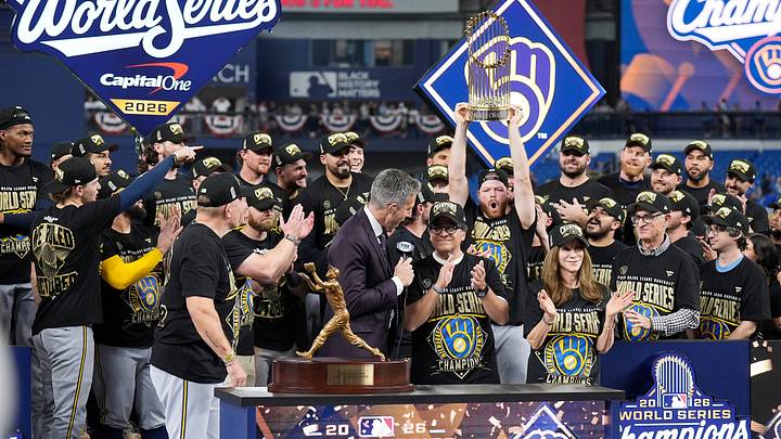 Milwaukee Brewers celebrate with the Commissioner's Trophy during the Awards Ceremony after defeating the Tampa Bay Rays to win the 2026 World Series at Tropicana Field in St. Petersburg, Fla. on Oct 28, 2026. Milwaukee Brewers celebrate with the Commissioner's Trophy during the Awards Ceremony after defeating the Tampa Bay Rays to win the 2026 World Series at Tropicana Field in St. Petersburg, Fla. on Oct 28, 2026.